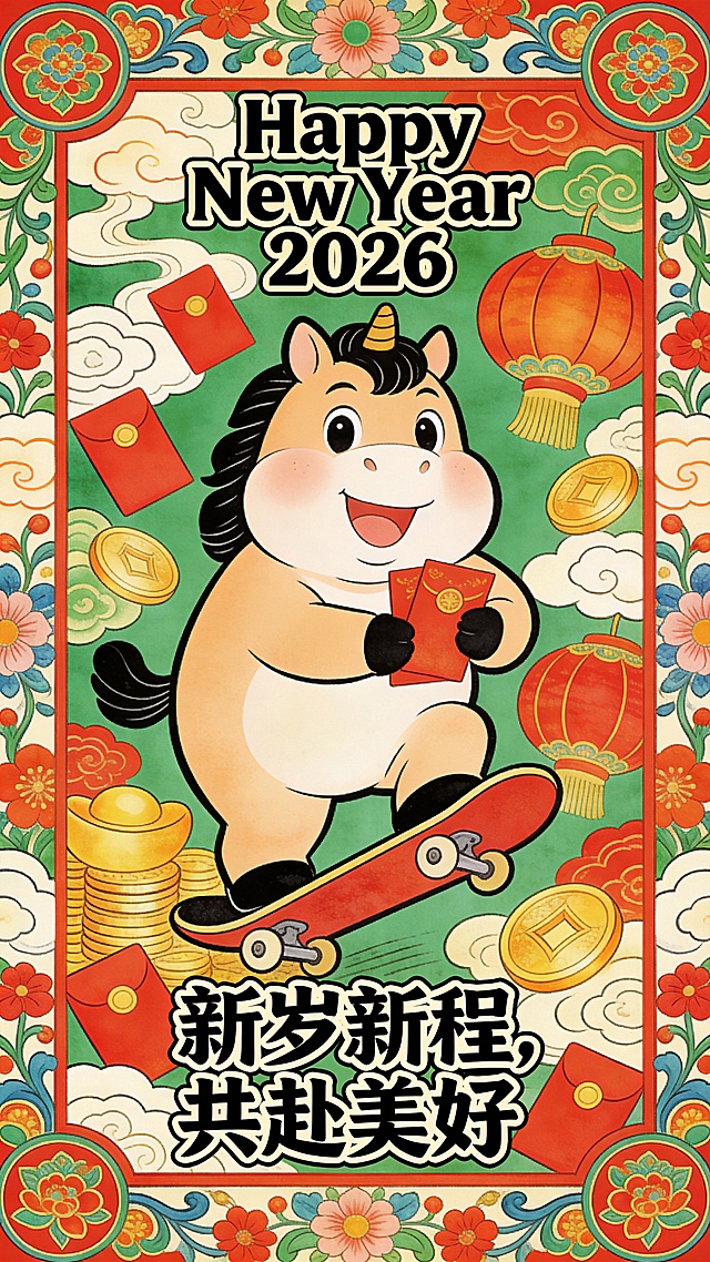 小马开心的拿着红包玩滑板，身旁还有红包、金币、灯笼等新年相关元素，潮流插画，轮廓描边，上方有英文 “Happy New Year 2026”，下方配有中文 “新岁新程，共赴美好”，采用了波普风的设计，色彩鲜艳且对比强烈，整体风格活泼有动感