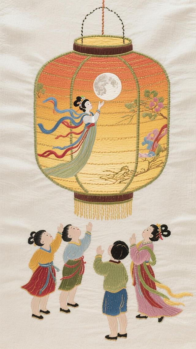 刺绣风工笔画，重拟物风格的灯笼中嫦娥奔月，四童仰望，融合中式古典与梦幻温馨，展现中秋佳节的民族喜庆故事感。
