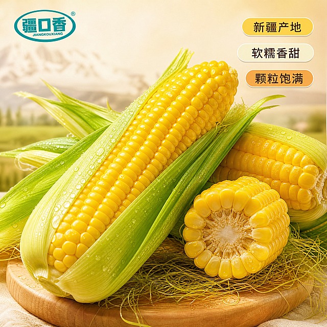 [主图-1] 新疆黄糯玉米首图，突出食欲感与新鲜度，点击率型主图。
[统一基调] 写实高清摄影，东方甄选生鲜风格，画面干净高级有食欲；柔和浅米色虚化背景，隐约淡淡的新疆田园肌理，背景不抢主体；暖调柔光自然光，高清细节，质感真实；文字组件为小巧胶囊圆角标签，配色暖黄、奶白、浅橙，字体深棕色。
[画面] 构图居中，玉米为绝对视觉主体，主体占比约70%，画面留有少量留白。前景摆放2根完整带薄外皮的新疆黄糯玉米，剥开部分苞叶，露出颗粒饱满金黄透亮的玉米粒，玉米颗粒紧实圆润，色泽金黄油润；旁边再摆放1段切开的玉米段，横截面清晰，颗粒饱满，体现糯性质感。玉米外皮保留少许嫩绿苞叶，须须自然，表面带有细密晶莹小水珠，凸显新鲜刚采摘。画面右上角放置3个小巧胶囊圆角卖点标签，横向错落摆放，标签文字分别为：【新疆产地】【软糯香甜】【颗粒饱满】，标签小巧不遮挡玉米主体。左上角放置小巧的"疆口香"品牌Logo，保持与包装一致的字体风格。
[光影质感] 柔和自然光，暖调柔光，玉米表面有自然高光和细腻水珠反光，阴影柔和自然，高清细节，质感真实，商业摄影级画质。
[配色] 整体暖色调，玉米金黄为主色，嫩绿苞叶点缀，浅米色背景，深棕色文字，暖黄、奶白、浅橙胶囊标签。
[文字版式] 胶囊圆角卖点标签横向错落摆放在右上角，字体为清晰易读的黑体，深棕色，字号适中，标签小巧精致不抢主体。品牌Logo在左上角安全区。
[输出要求] 比例1:1，800*800像素，正方形电商商品主图，适合抖音抖店上架。产品清晰，文字清晰可读。禁止出现人物，禁止多余杂物，不要复杂边框，不要水印，不要购物图标，画面干净。负向：变形、错字、模糊、杂乱、水印、平台Logo、人物、多余杂物。