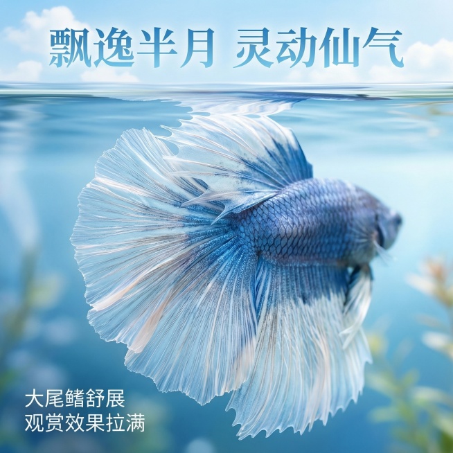 [主图 2] 半月斗鱼细节展示主图
[主图主题] 超大飘逸尾鳍细节特写
[氛围/风格] 自然清新水族风，高级质感
[画面元素] 蓝白半月斗鱼尾鳍特写居中展示，保留原斗鱼蓝白渐变纹理和外观特征，清澈水质预览效果