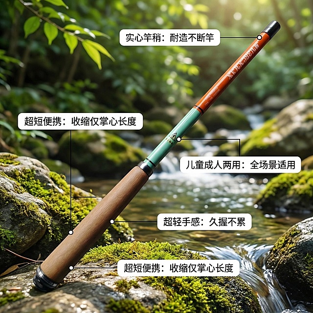 基于提供的商品图，生成拼多多电商主图，商品为小物鱼竿，保持鱼竿外观与原图完全一致，风格是口袋便携亲子野钓溪流风格。主图2核心卖点：产品展示，用极细引线标注出产品各部分卖点，分别为“超短便携：收缩仅掌心长度”“超轻手感：久握不累”“儿童成人两用：全场景适用”“实心竿稍：耐造不断竿”，每个卖点对应鱼竿部位标注清晰，干净简约背景，突出细节卖点，1:1构图