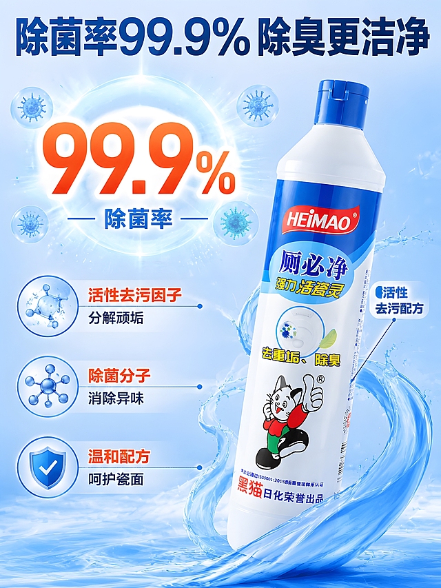 [商品] 使用【图1】500g瓶装黑猫厕必净；保留白瓶蓝盖结构、HEIMAO红标、厕必净蓝字、黑猫卡通、标签文字等全部原貌；产品位于画面右侧，瓶身略微倾斜展示标签面。
[画面] 页面目标=功效机理解析，突出除菌率99.9%与去污原理。构图=左文右物+机理可视化，左侧数据+机理，右侧产品；景别=中景。左侧上方超大号数字"99.9%"，下方标注"除菌率"，数字周围有淡蓝色除菌粒子扩散特效（微观净化感，不医疗化）；数字下方用3个机理图标+短词说明："活性去污因子 分解顽垢""除菌分子 消除异味""温和配方 呵护瓷面"；右侧产品周围有蓝色清洁液流动轨迹，指向左侧机理区域，形成视觉关联。
[视觉] 套系策略：风格=拼多多风格 大字直白 洁净清爽 轻科技感；标题字=粗黑无衬线黑体 大号加粗；正文字=清晰无衬线黑体 移动端可读；主色=洁净蓝；背景延展=基于洁净蓝做深浅渐变、同色系轻科技粒子背景延展；强调色=橙红色，仅用于99.9%数字高亮和关键词；标题色=深蓝；正文色=深灰；组件=圆形机理图标、蓝色粒子特效、细线引线；光影=左前侧柔光 瓶身有自然高光 粒子轻盈通透。
[文字] 顶部主标题"除菌率99.9% 除臭更洁净"；左侧超大号"99.9%"数字+"除菌率"小字；下方3行机理说明，每行配图标+短词；右侧产品旁加引线标注"活性去污配方"；所有文字横排，层级分明。
[规格] 比例3:4竖版，宽度1500高度2000，4K分辨率；负向=变形、错字、文字过小、医疗化夸张、虚假承诺、水印、平台Logo、绝对化用语。