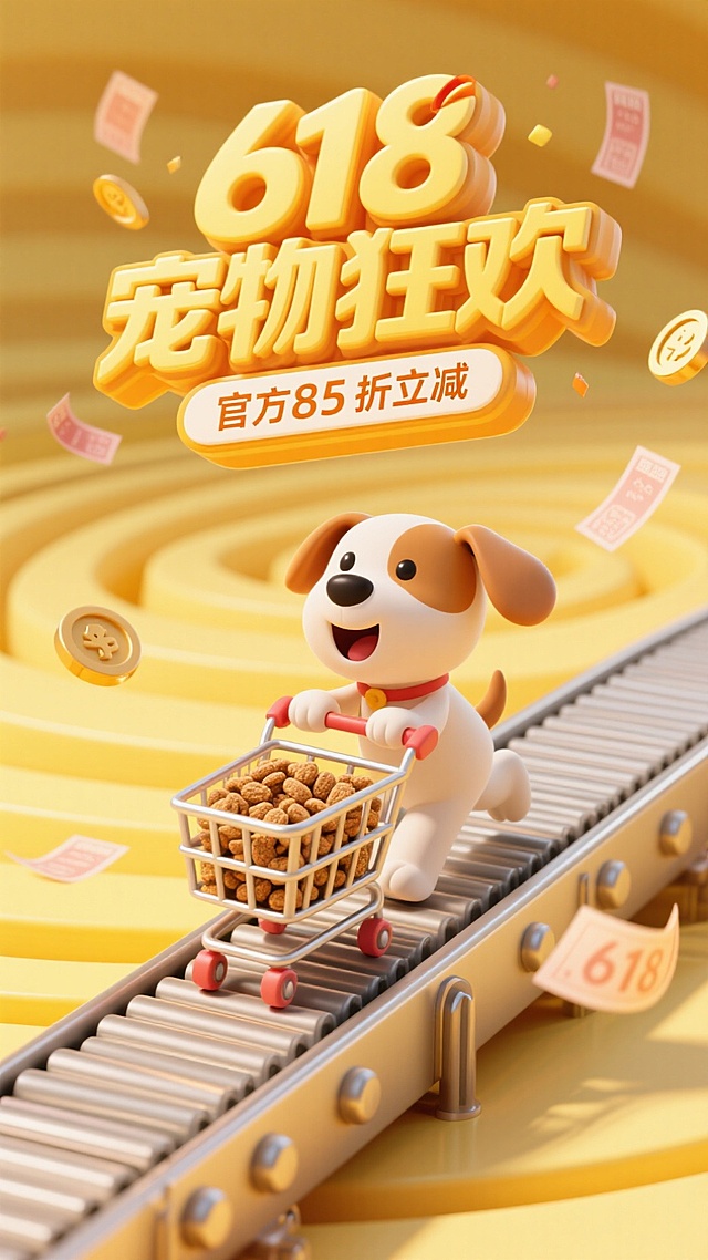 3D卡通小狗推购物车，波普艺术风格，促销感十足，618宠物狂欢节。
