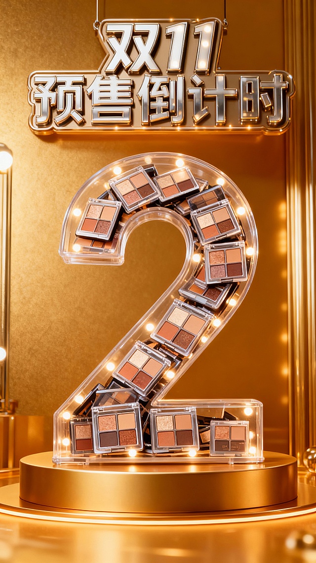 将图中的商品裂变出无数个（商品比例外观一致），通过旋转堆叠的方式填充到“2”数字形状的透明容器中，透明容器被商品填满不留一丝空隙。“2”立在金色展台上，背景是金色促销氛围，灯光装饰容器，画面上方为金属时尚大字灯牌“双11 预售倒计时”。