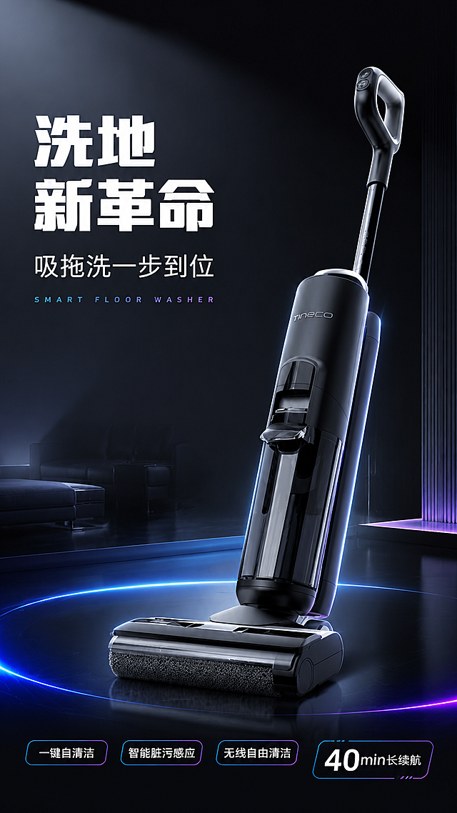 画面展示黑色智能洗地机，配有吸拖洗功能说明及一键自清洁等卖点，深蓝科技感背景光效突出产品现代设计，适合家电推广使用。