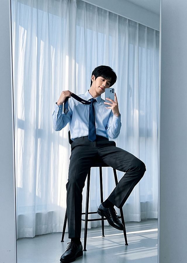 超写实人像摄影，现代简约室内场景，东亚少年，清爽短发，穿浅蓝色正装衬衫+深色西裤+黑色皮鞋+深色领带，坐在黑色高脚凳上，一只手举手机对镜自拍，另一只手拎着脖子上的领带，背景是白色半透明窗帘，光影投射在帘上，清冷侧逆光，胶片质感，轻微颗粒感，松弛慵懒的少年感，画面干净无水印，真实生活感