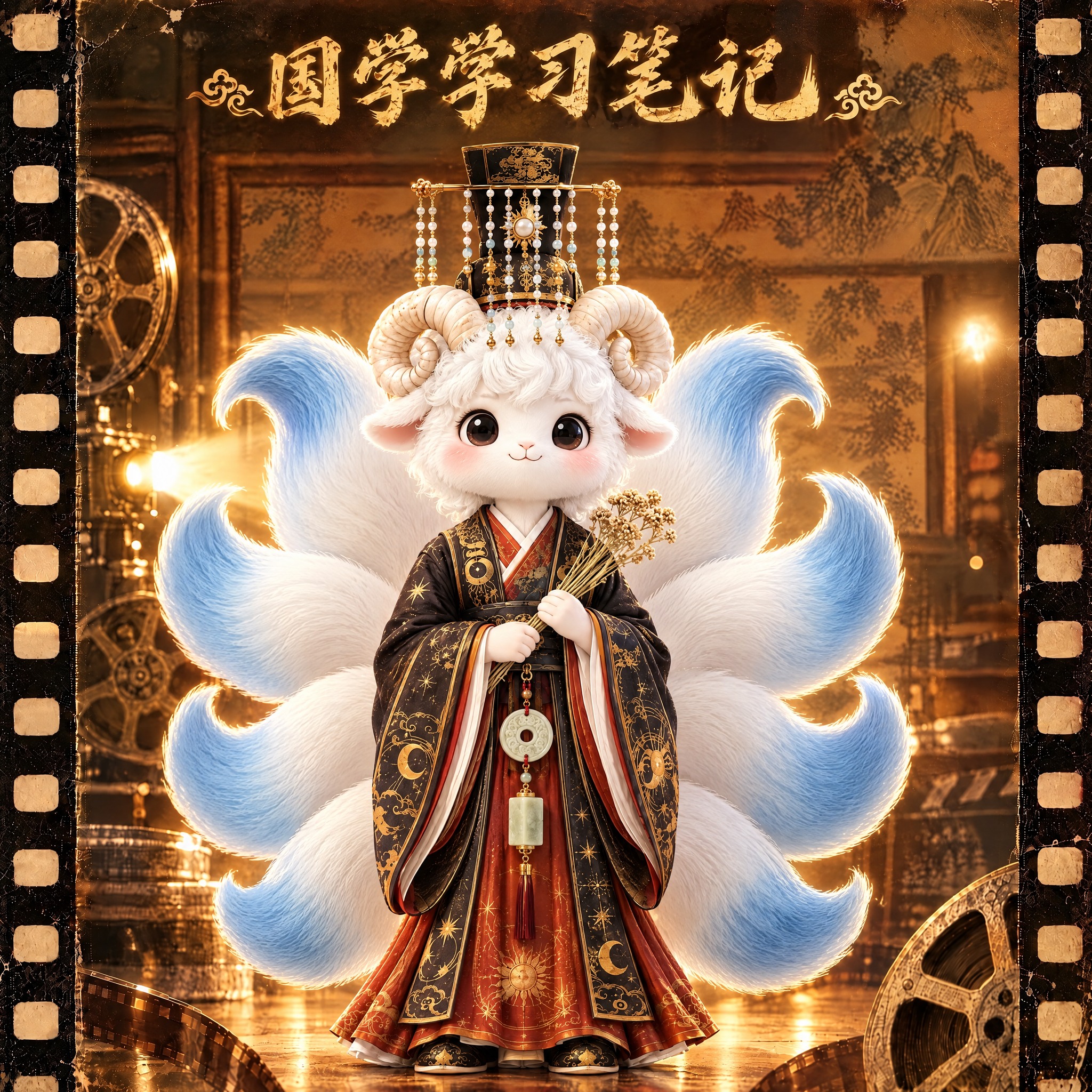 保留第一张图的电影胶片边框、复古放映机、暖光影院背景、顶部金色… - 图片创意预览