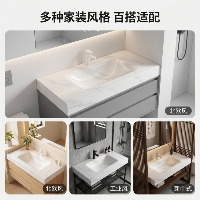 [主图 4] 岩板热弯一体盆多场景适配展示，简约电商风格
[氛围风格] 自然百搭，适配多种家装风格
[画质] 商业摄影质感，清晰通透，画面干净统一
[元素] 采用1+3宫格版式，上方主图展示一体盆在现预览效果