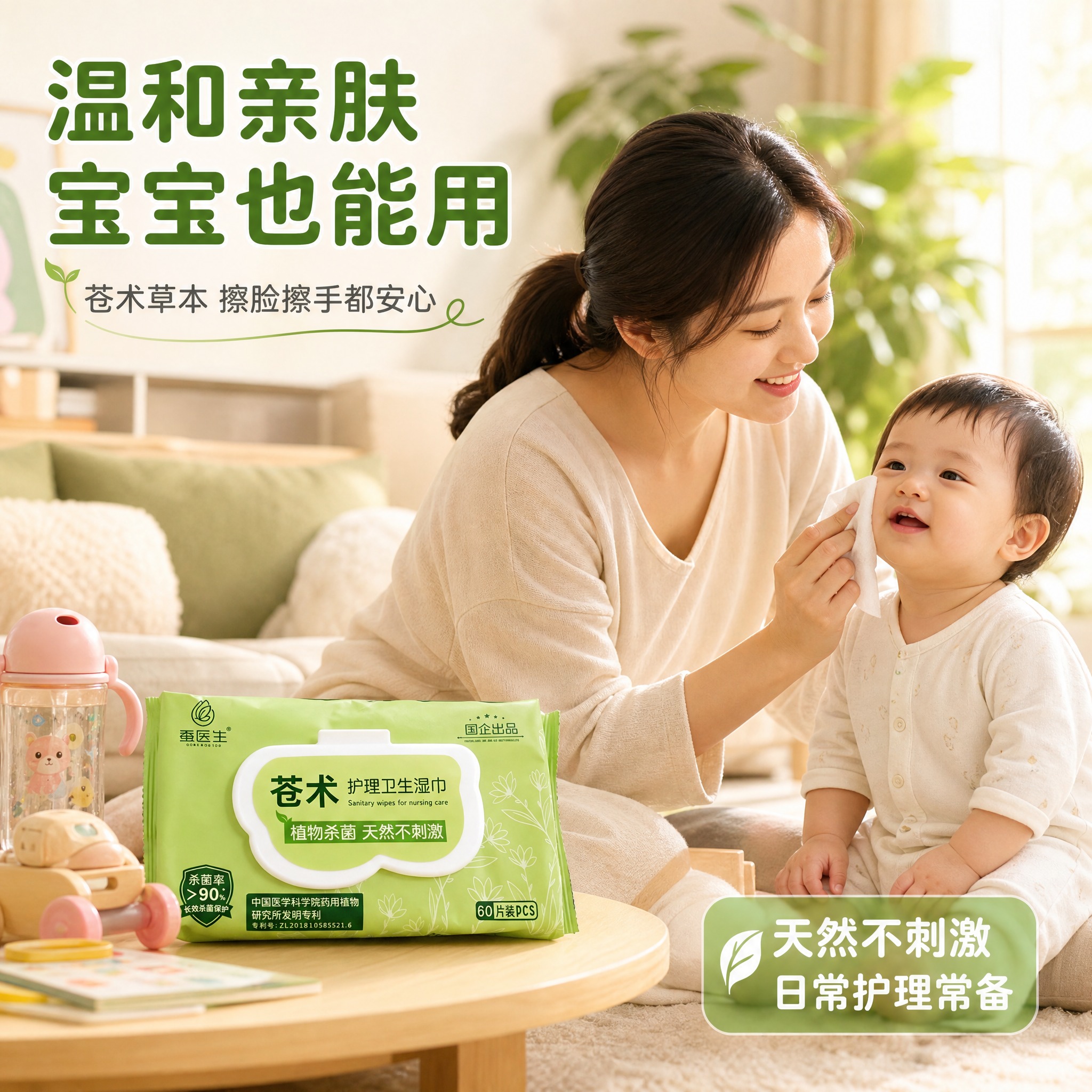 [主图-3] 室内场景图，妈妈在家给孩子擦脸，温馨日常使用场景… - 图片创意预览