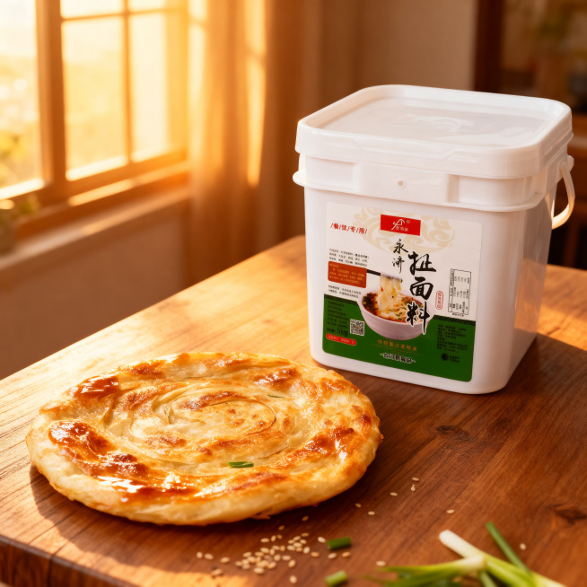 原图产品是白色塑料桶包装的永济扯面料，桶身标签完整保留文字和图案，保持产品物理结构绝对不变，严禁包装扭曲变形。主体放置在干净木质早餐餐桌上，旁边摆放一张刚做好的香气扑鼻的葱油饼，整体为温馨的早餐场景，预览效果