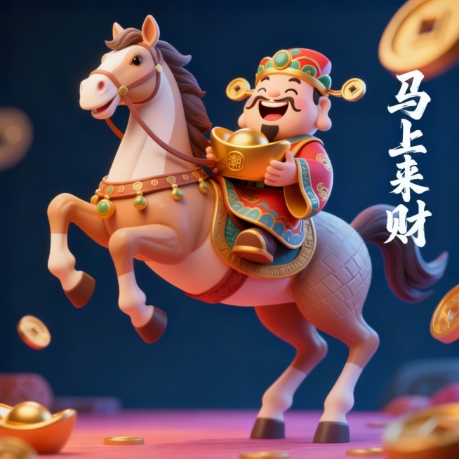 3D卡通风格，财神爷坐在一匹抬起前腿站立的马背上，财神面带笑容，怀里抱着一个金元宝，画面下方有“马上来财”四个行书字体的文字预览效果