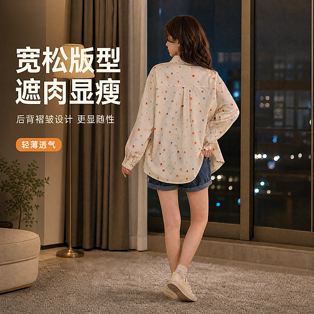 在这张彩色波点衬衫背面穿搭图上添加卖点文案，保持人物和服装完全不变。左上角负空间左对齐排版，不遮挡人物和服装主体。大字主标题："宽松版型 遮肉显瘦"，米白色粗体无衬线字体，最大号。下方辅助小字："后背褶皱设计 更显随性"，约主标题一半大小，同色系略浅。左下角加一个圆角标签："轻薄透气"，暖橙色填充白色文字，小字号。文字清晰锐利，排版高级有层次，符合抖音电商风格。