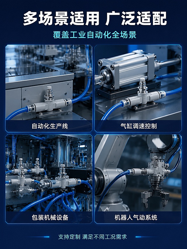 [第3屏] 场景适配-AS2051F调速阀四大应用场景宫格页。本屏使用【图1】作为产品主体，融入各场景。
[氛围/风格] 深蓝工业科技风，真实工业场景感，冷调专业，商业摄影质感。
[元素布局] 画面顶部为标题区，中部为2×2四大场景宫格，每格展示一个工业应用场景，产品自然出现在场景气路中。场景1：自动化生产线局部，金属设备台面+气管连接+调速阀安装在设备侧面；场景2：气缸调速应用，银色气缸旁气管串联调速阀；场景3：包装机械设备内部气路，多组气管与调速阀组合；场景4：工业机器人气动回路，机械臂末端气路调节阀。**每个场景中的AS2051F调速阀外观（结构、材质、颜色）与输入产品图一致，杜绝变形色差**。背景深蓝渐变，宫格间有冰蓝色细分割线。
[光影质感] 统一冷调工业光，每个场景内设备表面有冷蓝反光，金属高光清晰，产品在场景中光影自然融合，无悬浮感。
[配色色系] 全局底色 #0A2463 深蓝；场景主色金属灰+设备银；辅助色冰蓝分割线；文字白+冰蓝。
[视角构图] 上下结构，上标题下2×2宫格，每格独立场景，阅读动线从上到下、从左到右。
[文字版式] 顶部主标题「多场景适用 广泛适配」，白色超大号粗体无衬线居中；副标题「覆盖工业自动化全场景」，冰蓝色中号居中。每宫格底部半透明深蓝条内白字标签：左上「自动化生产线」、右上「气缸调速控制」、左下「包装机械设备」、右下「机器人气动系统」。宫格下方一行小字「支持定制 满足不同工况需求」。
[比例分辨率] 3:4 竖版比例，4K分辨率，文字清晰可辨。
[负向提示词] 变形，水印，文字错乱，产品模糊，背景杂乱，人物面部扭曲，多余手指。