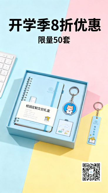 电商海报，主题为校园定制文创礼盒，包含笔记本、钥匙扣、书签，海报顶部放置促销文案"开学季8折优惠""限量50套"，海报中心放置产品实物，右下角留出空白位置放置购买二维码，整体风格青春活力，面向在校大学预览效果
