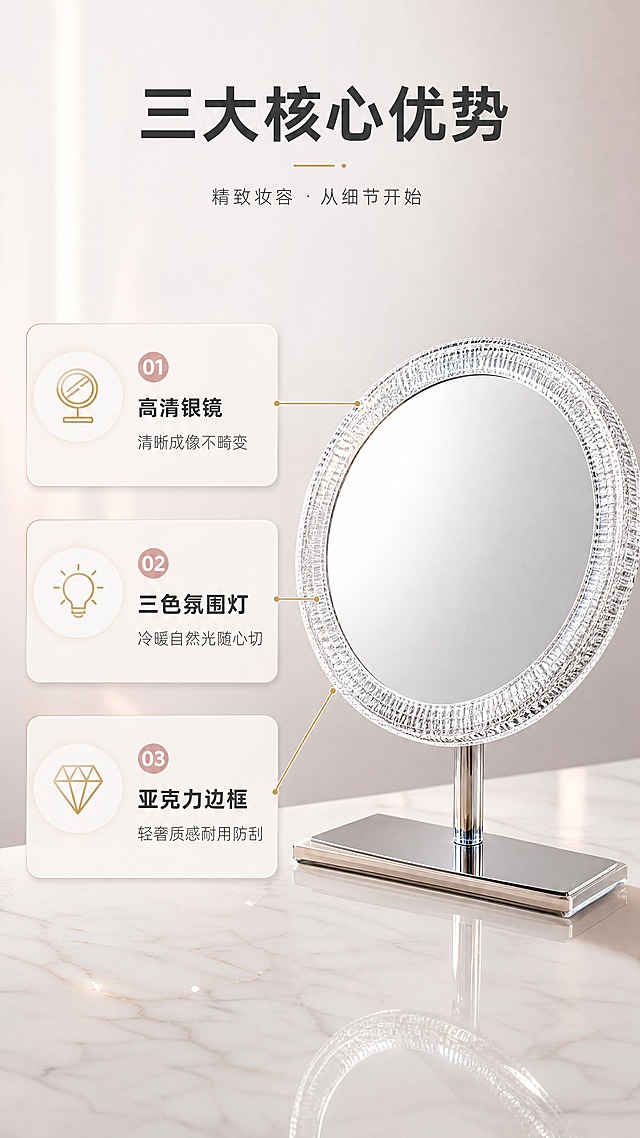 [商品] 使用【图1】DZ-8807C圆形化妆镜；保留圆形镜面、亚克力边框、长方形底座的结构和颜色；增强边框水晶质感和底座金属反光，不改变产品比例。
[画面] 目标：三大核心卖点拆解页。构图：左文右图，产品占画面55%，位于右侧中景；左侧为3组编号卖点卡片，上下排列；背景为浅灰渐变+柔光效果，底部点缀轻奢大理石台面纹理。
[视觉] 套系策略：风格=轻奢高级美妆家居商业摄影风；标题字=现代简约粗体无衬线；正文字=纤细优雅无衬线体；主色=暖银+柔粉；背景延展=基于暖银柔粉做渐变层次、柔光雾面质感、同色系深浅过渡；强调色=香槟金，仅用于小面积图标、引线和高亮标签；标题色=深炭灰；正文色=中暖灰；组件=圆角浅底信息卡、细金线引线；光影=左前侧暖柔光+镜面反光。
[文字] 顶部主标题「三大核心优势」，下方3组编号卖点：① 高清银镜 清晰成像不畸变 ② 三色氛围灯 冷暖自然光随心切 ③ 亚克力边框 轻奢质感耐用防刮；每组配小图标，文字横向排版，左侧对齐。
[规格] 图片比例9:16竖版，4K分辨率，淘宝天猫详情页风格，避免变形、错字、文字过小、产品结构失真。