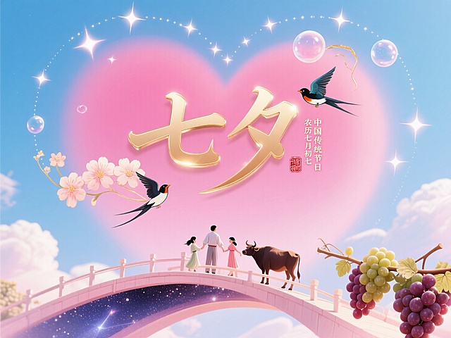 梦幻插画风，七夕主题，大字“七夕”闪耀，心形背景，星星泡泡点缀，浪漫温馨。