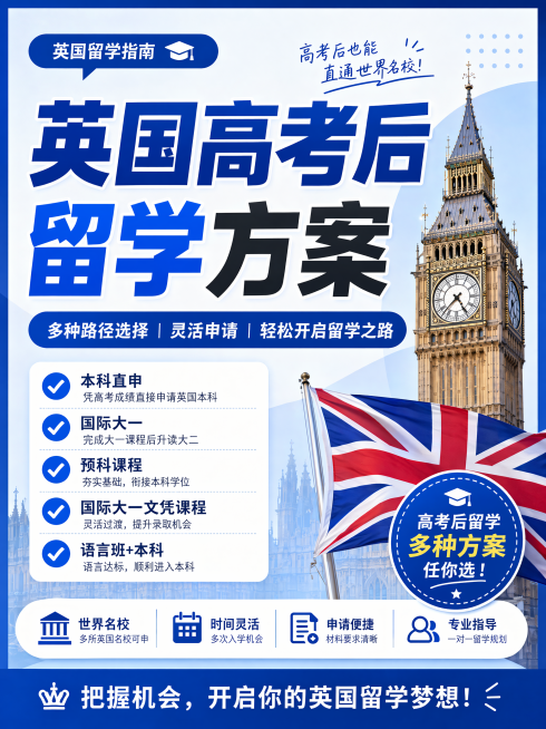 小红书封面图，主题是英国高考后留学方案，蓝色简约设计风格，标题突出，吸引留学考生点击，清晰展示所有文字内容预览效果