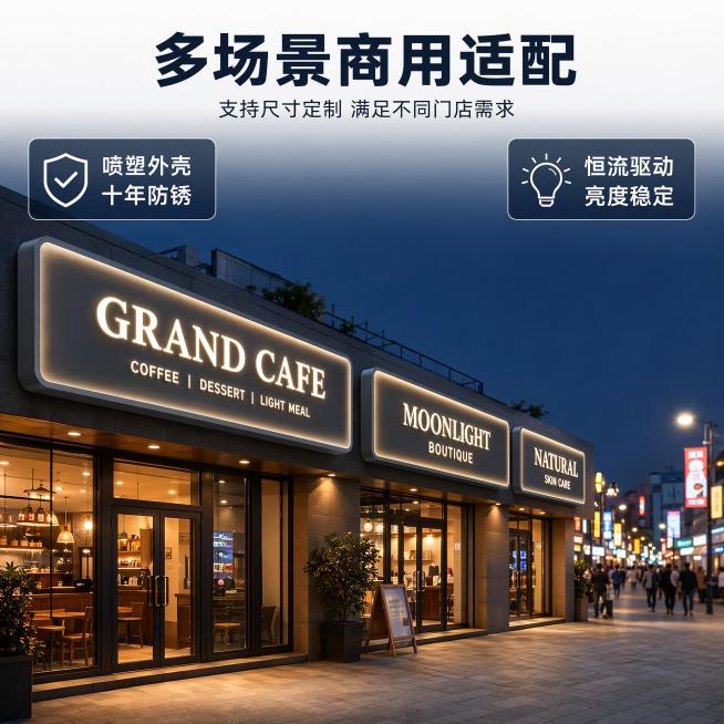 [主图-2] 商业街户外发光广告牌集群使用场景
[氛围风格] 繁华商业氛围，真实落地展示效果
[画质] 商业摄影质感、光线柔和通透、产品清晰真实、画面干净高级
[元素] 三块不同尺寸的发光广告牌依次安预览效果