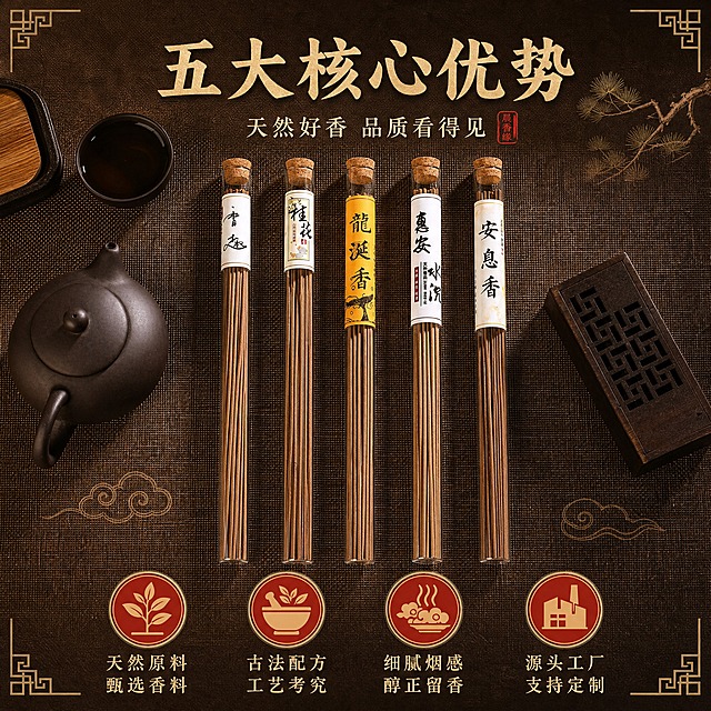 [主图-2] 晨香缘天然线香 卖点信息与品质展示。
[统一基调] 风格=新中式禅意国风 雅致古朴高级感；背景主色=深棕褐色（#5C3A21）渐变+麻布质感底；标题字色=米金色（#D4B87A）；辅助字色=浅米黄（#E8DCC0）；强调色=朱砂红（#B8352E），仅用于印章和重点点缀；字体样式=标题用宋体书法体加粗 大气厚重；正文用简洁宋体 端正清雅；组件=中式回纹角花、印章式标签、祥云/松枝装饰元素；光源方向=左前侧暖调柔光。
[画面] 使用【图4】五款竖排线香俯拍图，产品放在画面中央，占画面约60%，五款不同香型的玻璃管线香整齐竖排陈列，左侧紫砂壶茶杯做点缀。画面上下预留空间放标题和卖点图标。背景为深棕褐色渐变麻布质感底，四角点缀中式回纹角花。产品视角为正俯拍，突出五款香型的丰富选择与包装质感。
[光影质感] 商业摄影质感，顶部暖调柔光均匀打亮产品，玻璃管有通透高光，标签文字清晰，软木塞有自然纹理，整体光影均匀柔和，产品质感突出。
[配色] 深棕褐色主背景+米金色标题+浅米黄正文+朱砂红印章点缀，整体暖棕色调统一，各款香管标签的彩色作为画面点缀。
[文字版式] 顶部居中主标题"五大核心优势"6个字（米金色），下方副标题"天然好香 品质看得见"8个字（浅米黄，字号约为主标题的50%）。底部横排4个圆形图标+文字卖点：天然原料 甄选香料；古法配方 工艺考究；细腻烟感 醇正留香；源头工厂 支持定制。每个图标为朱砂红圆形底+米金色图标，文字在图标下方。文字全部横排，不遮挡产品主体。
[输出要求] 比例1:1正方形，2K分辨率，文字清晰可读，产品清晰不模糊。负向：避免产品变形、错字、冷蓝色调、现代极简风、二维码、平台Logo、极限词、宗教迷信宣传。