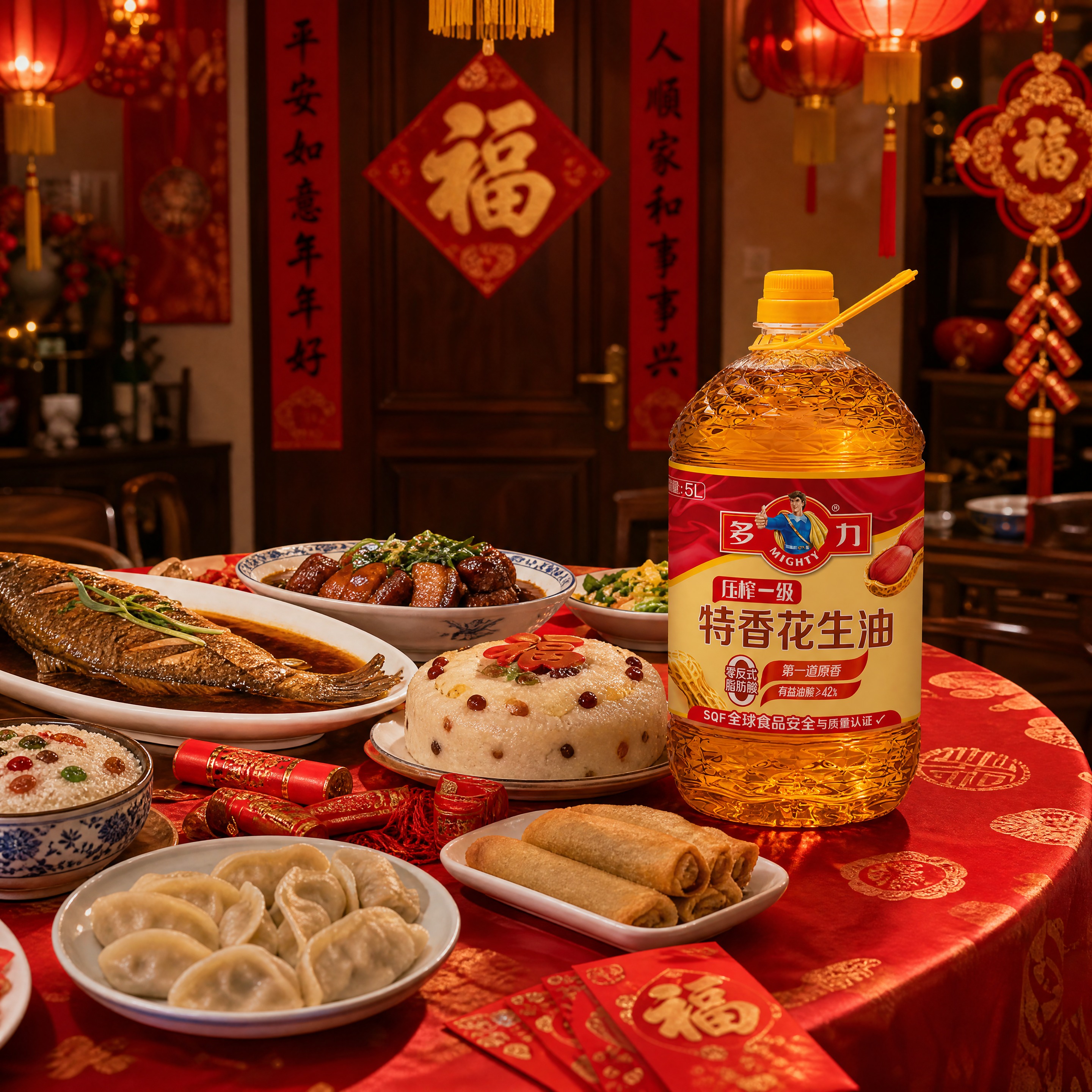 超写实春节年夜饭场景摄影。 主体：花生油桶严格参照上传产品图，… - 图片创意预览