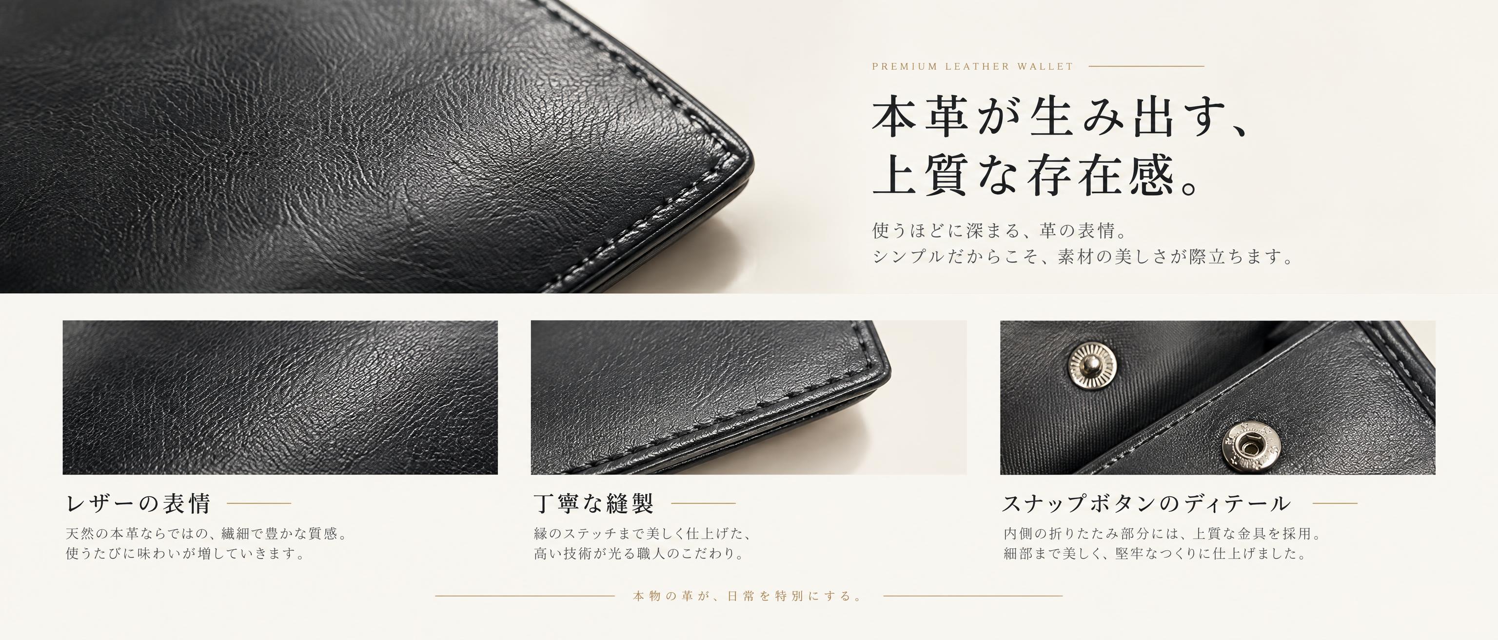 高端男士真皮钱包电商详情页第二模块，1464x600像素，现代… - 图片创意预览