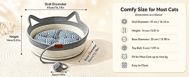 [商品] 使用【图1】【图9】猫耳编织猫窝；保留猫耳造型篮体、灰白棉绳编织纹理、蓝白波浪纹坐垫、绳结玩具球和棕色标签；保留产品尺寸信息原文字，仅清晰化，不翻译、不替换、不改写商品本体文字；理顺编织绳线，不改变版型、颜色和结构。
[画面] 目标清晰呈现尺寸与选购信息，信息卡片型：左侧1/2为产品标准照+细尺寸标注线（口部直径、高度、底部直径），右侧1/2为圆角浅色参数卡列出规格与适用信息，背景为暖米白渐变加编织纹底与柔和光斑；产品占左侧画面75%，阅读动线从产品到参数卡。
[视觉] 套系策略：风格=跨境高级宠物家居商业摄影；标题字=现代圆润无衬线粗体；正文字=简洁无衬线体；主色=暖米白燕麦色；背景延展=基于暖米白做深浅层级、同色渐变和细腻编织/织物质感；强调色=柔和蓝（坐垫波浪蓝），仅用于小面积图标、引线和标签；标题色=深暖棕灰；正文色=中暖灰；组件=圆角浅色信息卡、细线引线、编织纹图标；光影=左前侧自然暖柔光。
[文字] 右侧参数卡放主标题"Comfy Size for Most Cats"、副标题"Dimensions at a Glance"和信息点"Oral Diameter: 41 cm / 16.14 in"、"Height: 14 cm / 5.51 in"、"Base Diameter: 35 cm / 13.78 in"、"Toy Ball: 5 cm / 1.97 in"、"Fit for Most Cats up to nine kg"、"Easy to Clean"；文字横排、层级清晰、不遮挡产品。
[规格] 61:25横版(1464×600)，4K；避免变形、错字、文字过小、中文文字、水印、冷蓝灰主色背景、产品结构改变、漏件错件。