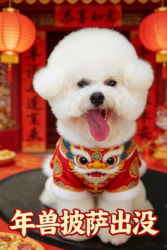 给图中的白色比熊犬穿上年兽样式的衣服，将背景替换为带有红灯笼、春联的春节喜庆风格场景，添加文字"年兽披萨出没"
