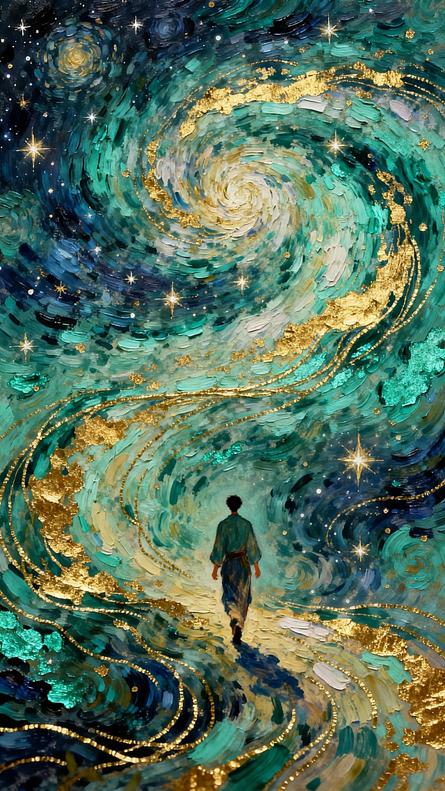 星空夜色昏暗，金箔岩彩与青箔岩彩交织，扭曲旋转的银河与星云如流动的绸缎，金丝笔触勾勒星云轮廓，印象派油画质感，融合梵高式笔触与莫奈的光影层次，点缀细腻星光与高光光感，金丝细线简单描边增强线条韵律。画面中人物行走于虚空的星云，背影坚定，宏大背景下传递漫长宿命感与动人故事，整体呈现国风插画风格，兼具吴冠中写意笔触与细腻色彩变化，大师级构图