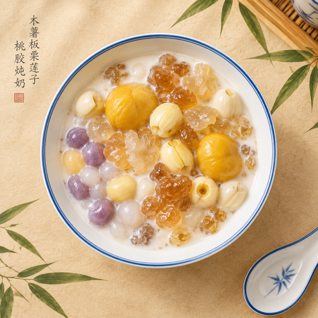 一碗精致的中式糖水甜品——木薯板栗莲子桃胶炖奶，Q弹木薯圆子、… - 图片创意预览