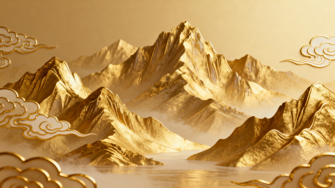 金色现代新中式风格主KV背景，画面有此起彼伏的山峦与云纹，整体带有鎏金描边效果，设计简洁大气，质感高级雅致，适合作为主视觉背景使用预览效果