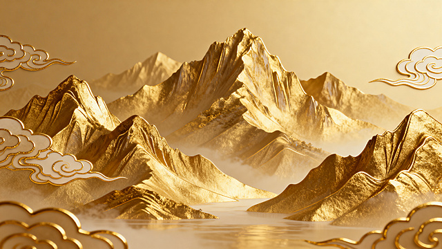 金色现代新中式风格主KV背景，画面有此起彼伏的山峦与云纹，整体带有鎏金描边效果，设计简洁大气，质感高级雅致，适合作为主视觉背景使用