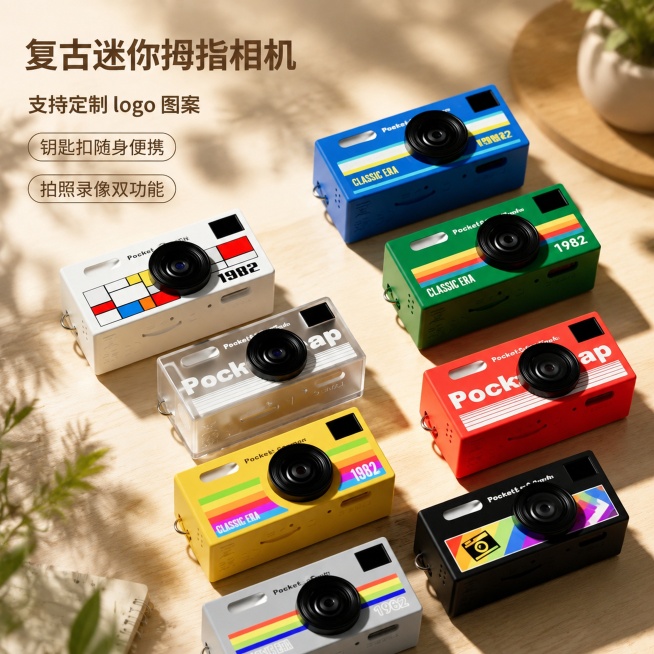 这是一张商品展示图，为图中的复古迷你拇指相机更换新背景，要求背景非纯色，风格为极简，浅木桌，斑驳光影，漫射暖光，主光从斜前方45°照射，重点突出拇指相机，在产品周围不遮盖产品的位置添加文字：“复古迷你预览效果