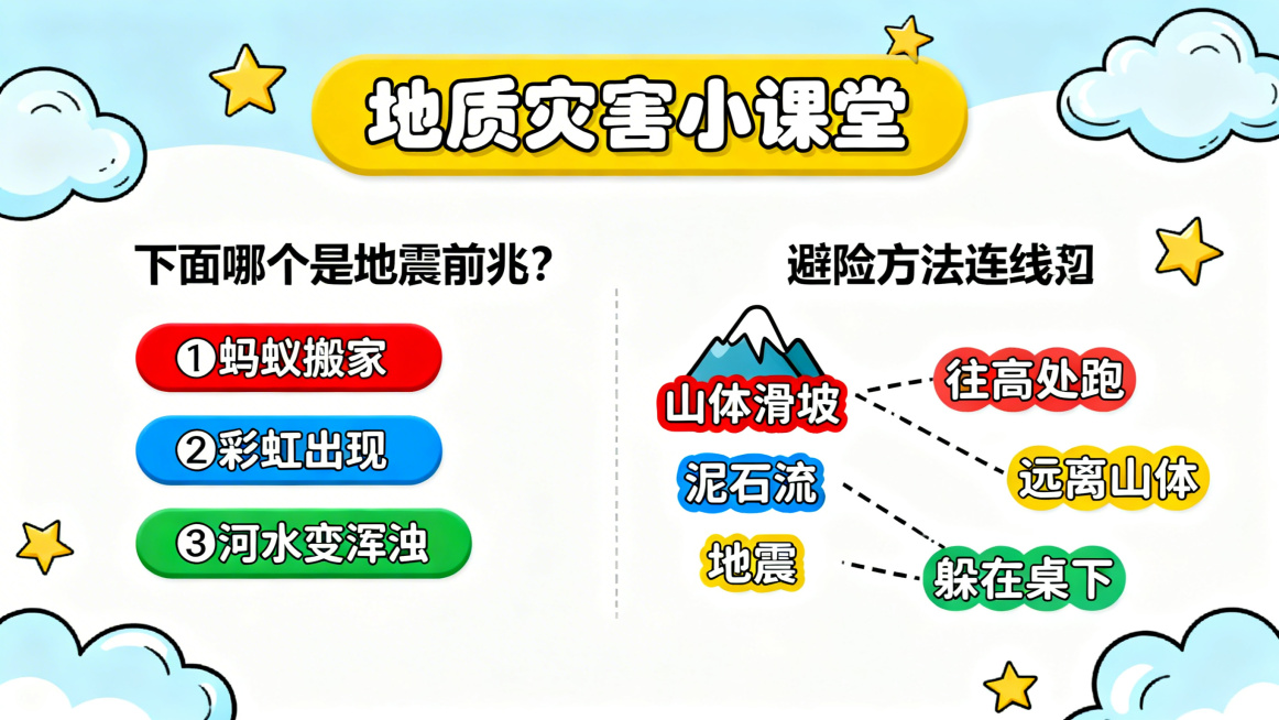 小学生地质灾害科普PPT互动问答页，卡通风格，有灾害识别选择题和避险方法连线题，画面有趣活泼预览效果