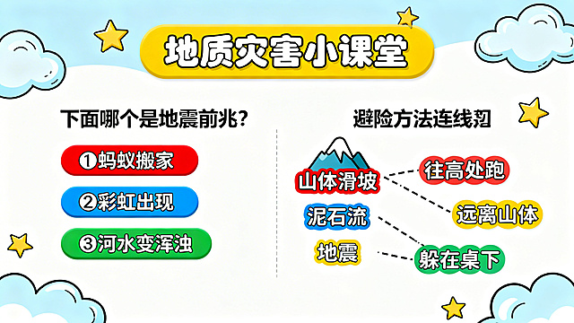 小学生地质灾害科普PPT互动问答页，卡通风格，有灾害识别选择题和避险方法连线题，画面有趣活泼