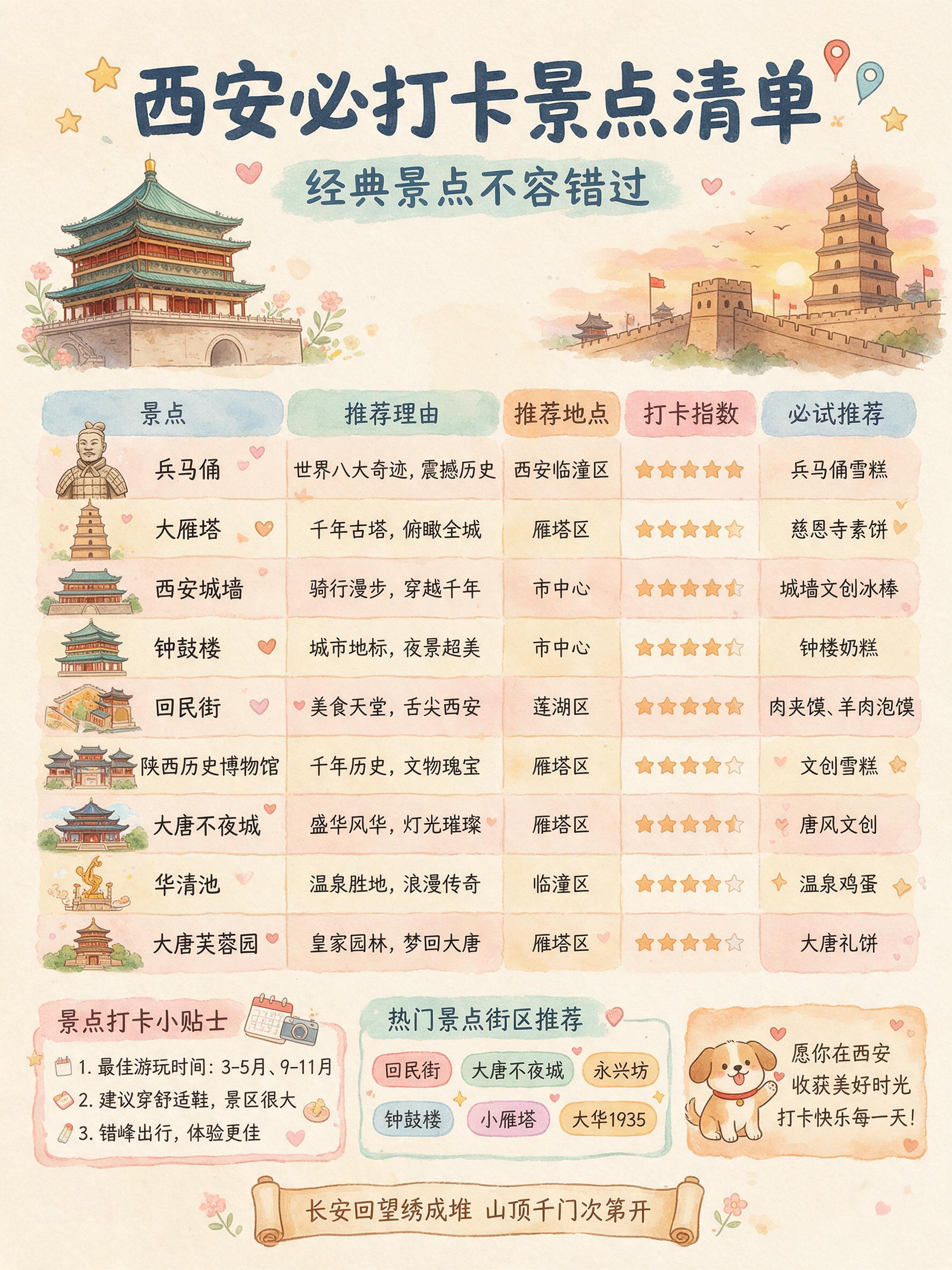 手绘水彩卡通风格的西安必打卡景点清单海报，竖版构图，米黄色暖色… - 图片创意预览