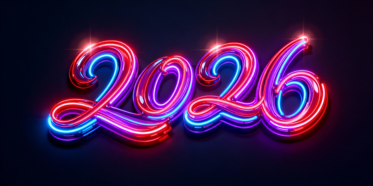 艺术字“2026”，采用流畅飘逸的连笔设计，整体呈现多重霓虹灯效果，色彩绚丽，有红色、蓝色、紫色等多种霓虹灯光交织，边缘带有发光的光晕，背景为深色，突出花字的霓虹质感和立体感，字体设计富有动感和未来感预览效果