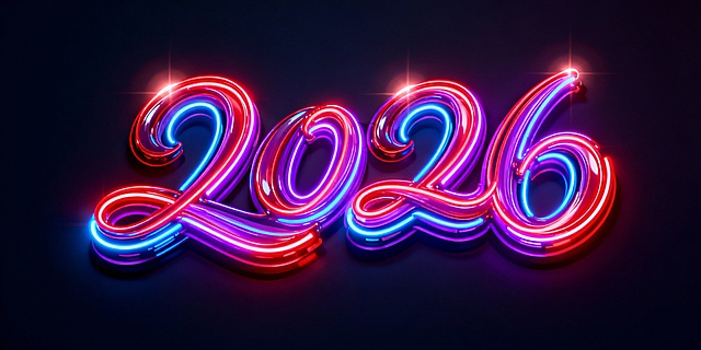 霓虹灯风3D数字“2026”，融合赛博朋克与未来感，光影交错，重拟物设计展现酷炫科技质感，节日氛围浓郁。