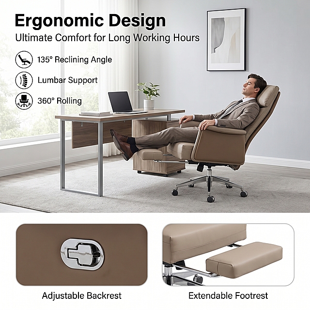 [Main Image 2] Ergonomic function display of reclining office chair in modern business office scene. The chair with extended footrest is placed on high-quality carpet, next to a minimalist desk, background is light gray wall with a simple hanging painting, soft natural light from the window. A business person in a suit is sitting on the chair leaning back, demonstrating the comfortable reclining experience. Keep the chair appearance completely consistent with the input image. Use 7:3 composition, top shows the overall scene, bottom two rounded picture-in-picture frames: left frame close-up of the adjustment lever, label "Adjustable Backrest", right frame close-up of extended footrest, label "Extendable Footrest". Text: Top left main title "Ergonomic Design", subtitle "Ultimate Comfort for Long Working Hours", use icon list to mark 3 key points: ① 135° Reclining Angle ② Lumbar Support ③ 360° Rolling. All text in English, clear contrast, do not cover the product. 1:1 ratio, 2048x2048 2K resolution. Negative prompt: deformation, watermark, text confusion, blurred product image, messy background.
