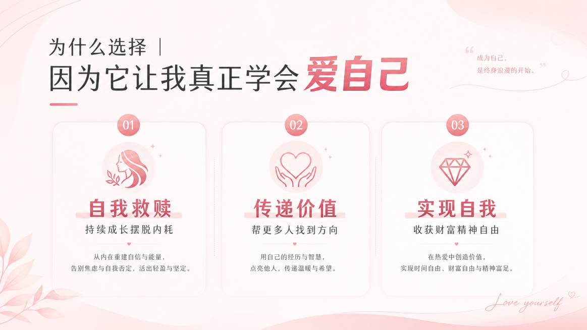 PPT内容页，主题三为什么选择成为原钻拆解教练，浅粉色简约背景，标题文字"为什么选择 | 因为它让我真正学会爱自己"，正文包含三个核心动机：1.自我救赎，持续成长摆脱内耗；2.传递价值，帮更多人找到方预览效果