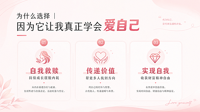 PPT内容页，主题三为什么选择成为原钻拆解教练，浅粉色简约背景，标题文字"为什么选择 | 因为它让我真正学会爱自己"，正文包含三个核心动机：1.自我救赎，持续成长摆脱内耗；2.传递价值，帮更多人找到方向；3.实现自我，收获财富精神自由，排版清晰，重点突出