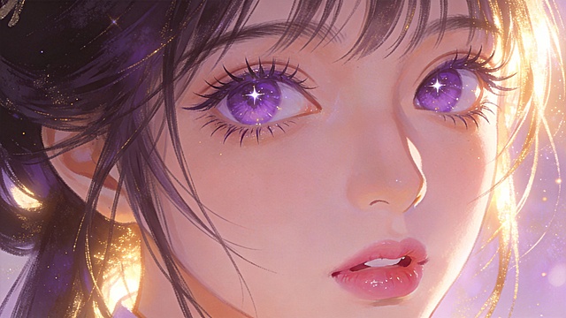 织女面容特写，星紫色眼眸，睫毛纤长，微微张开的樱唇，好奇表情，几缕发丝贴在脸颊，3D卡通国漫风格，逆光光晕