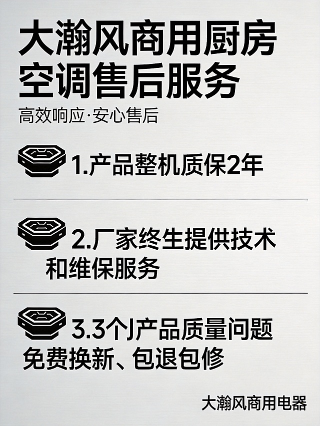 大瀚风商用厨房空调售后服务详情页，极简科技风，专业沉稳，清晰列出售后服务政策：1.产品整机质保2年，2.厂家终生提供技术和维保服务，3.3个月内产品质量问题免费换新、包退包修，排版简洁大气，3:4比例，电商详情页使用