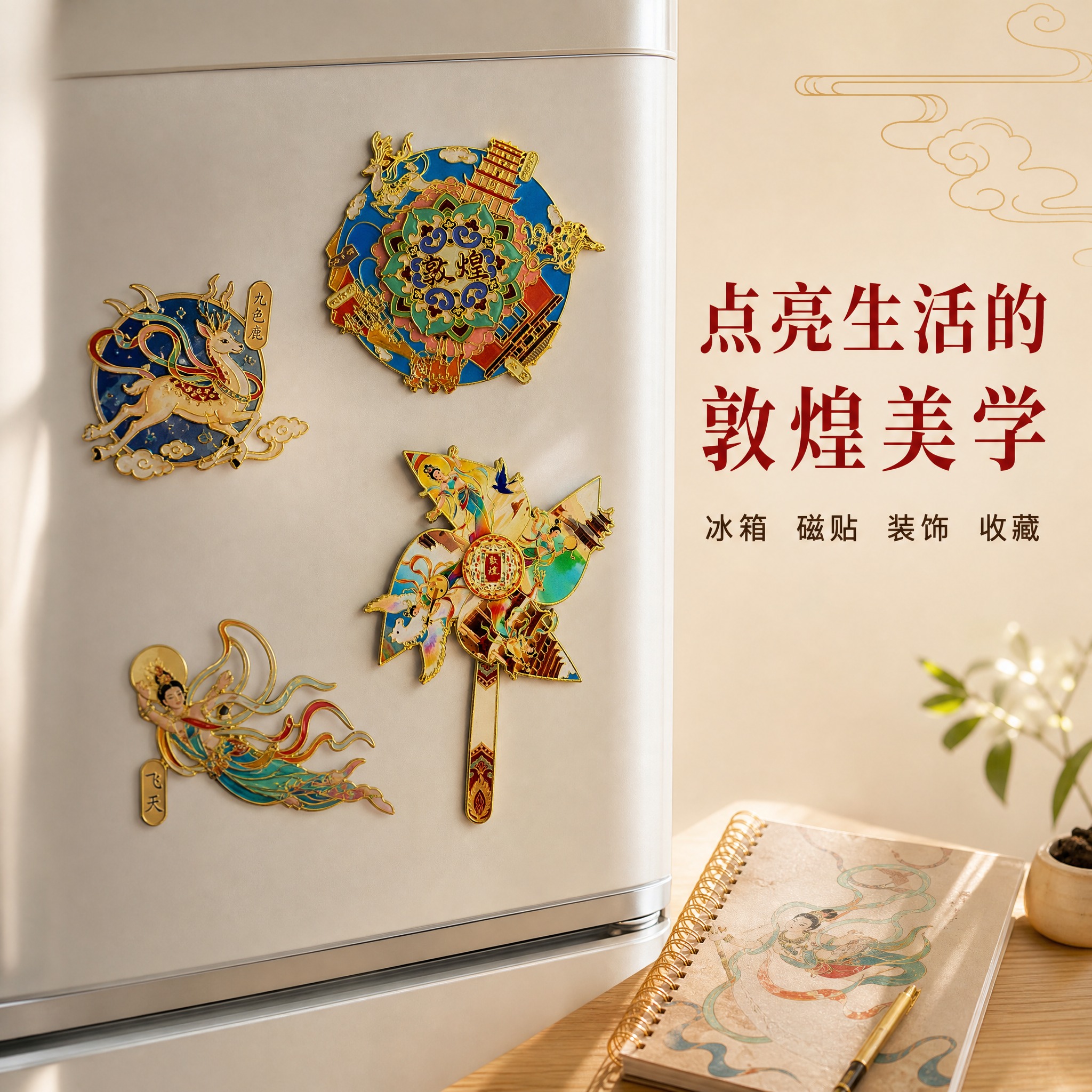 [主图-3] 敦煌冰箱贴使用场景展示图，展示冰箱贴贴在冰箱/家… - 图片创意预览