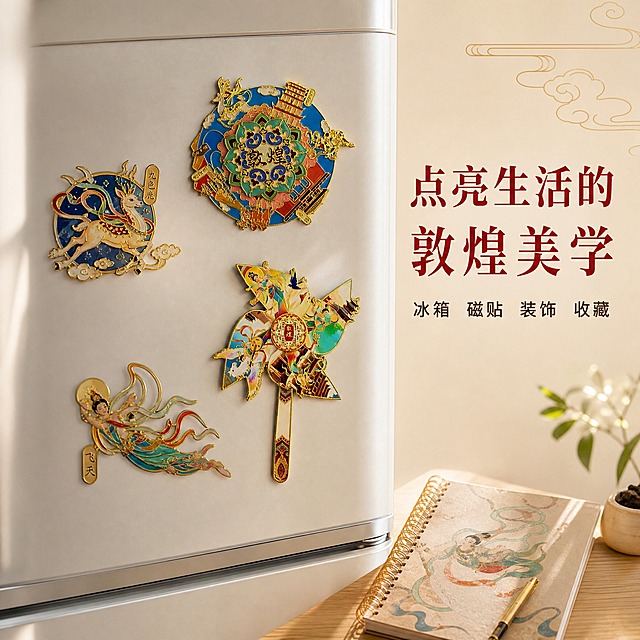[主图-3] 敦煌冰箱贴使用场景展示图，展示冰箱贴贴在冰箱/家居场景中的真实效果，营造生活美学氛围感。
[统一基调] 简约大方国潮敦煌风，背景为浅米白渐变搭配淡金色敦煌纹样暗纹，主色调为朱砂红、石青、石绿、鎏金，标题字体为大气宋体加粗，辅助文字为简洁无衬线体，整体高级精致有文化质感。
[画面] 画面展示现代简约家居场景的一角：浅色冰箱门上错落贴着3-4款敦煌金属冰箱贴，有圆形旋转款、九色鹿款、飞天款等，冰箱贴在冰箱门上自然吸附，有真实立体感。旁边还可以看到一本手账本和一支笔，营造文艺生活氛围。产品保持原图造型和色彩。画面右侧主标题"点亮生活的敦煌美学"，下方小字"冰箱 磁贴 装饰 收藏"。
[光影质感] 生活方式摄影质感，柔和自然光从侧面照入，冰箱表面有轻微反光，冰箱贴有自然阴影和金属高光，整体温馨有质感。
[配色] 场景以浅灰、米白为主色调，冰箱贴的鲜艳色彩成为视觉焦点，标题朱砂红色，辅助文字深褐色。
[文字版式] 主标题"点亮生活的敦煌美学"位于画面右侧偏上，竖排或横排大号朱砂红宋体加粗；下方"冰箱 磁贴 装饰 收藏"小号深褐色无衬线体。文字在右侧负空间，不遮挡冰箱贴主体。
[输出要求] 1:1正方形，2048x2048，2K分辨率，场景真实自然，产品融入感强，文字清晰，无变形错字，无水印无平台Logo。