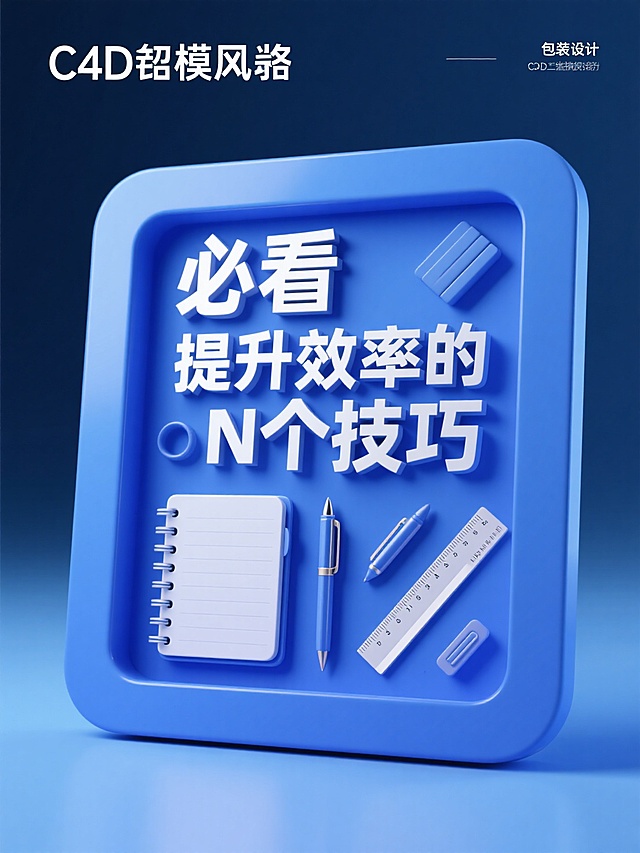 文字居中，文案内容为“必看 提升效率的N个技巧”，光泽感3D文本框，笔记本、笔、尺子等文具装饰，蓝色背景