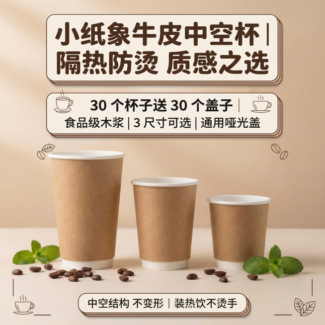[主图 1] 小纸象牛皮中空杯产品首图，1:1比例
[氛围风格] 复古质感咖啡风，干净高级
[画面元素] 商业摄影质感，光线柔和通透，保留用户上传详情页内容：三个不同尺寸牛皮杯并排展示，完整保留标题"预览效果