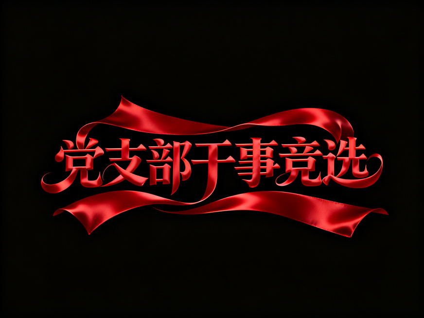 文字'党支部干事竞选'，柔滑正红色丝绸材质组成的花体字，字体抽象变形，线条流畅富有艺术感，笔划饱满流畅，独特节奏和动感，立体光影效果，纯黑色背景预览效果