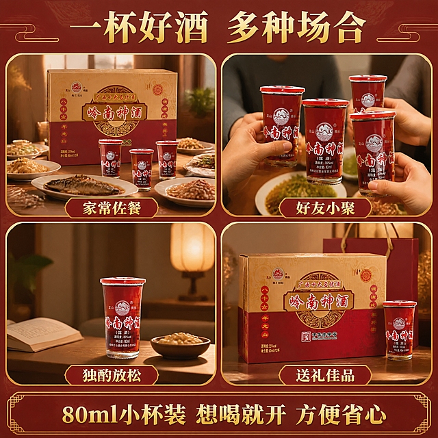 [商品] 使用【图2】【图3】岭南神酒杯装与礼盒装产品；保留杯身与礼盒全部文字、Logo、颜色和结构；产品自然融入场景，包装文字清晰可辨。
[画面] 目标：多场景种草，展示杯装酒在不同生活场景的使用。构图：2×2场景拼图，四张圆角卡片分别展示：①家庭餐桌佐餐、②朋友小聚碰杯、③独自小酌放松、④礼盒送礼场景。每张卡片内产品清晰可见，卡片间有金色细边分隔。底部通栏放场景总结文案。景别：中景，每个场景产品占卡片40%-50%。前中后三层：前景卡片边框、中景场景+产品、后景各场景独立背景。
[视觉] 套系策略：风格=中式传统喜庆商业摄影；标题字=宋体粗体带轻微烫金效果；正文字=简洁黑体；主色=中国红+暗金色；背景延展=基于深红做深浅渐变、传统暗纹、金色光边；强调色=烫金色，仅用于标题字、图标、引线和装饰线条；标题色=烫金色；正文色=米白色；组件=金色细线引线、圆角深红底信息卡、传统纹样点缀；光影=前侧暖柔光，产品边缘有金色轮廓光，酒液通透有高光。
[文字] 顶部主标题「一杯好酒 多种场合」，四张卡片下方各配短句标签：家常佐餐、好友小聚、独酌放松、送礼佳品。底部通栏副标题「80ml小杯装 想喝就开 方便省心」。
[规格] 图片比例1:1方版，4K分辨率，medium质量。负向：避免变形、错字、文字过小、冷蓝背景、包装文字错乱、人物面部模糊、绝对化用语。