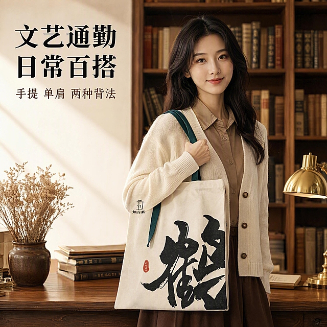 [主图-3] 帆布包手持上身效果展示图。
[氛围风格] 复古学院风 文艺质感 暖棕书房氛围；
[画质] 商业摄影质感、光线柔和通透、产品清晰真实、画面干净高级。
[元素] 一位中国年轻女性模特，东亚面孔、黑发、自然五官、日常淡妆，身穿米白色针织开衫内搭浅棕色衬衫，下装深棕色半身裙。模特半身出镜（腰部以上），右手自然提着米白色国风书法帆布包的墨绿色提手，包身垂于身体右侧，正面朝向镜头展示完整书法图案与印章。背景为复古书房场景：深棕色实木书架上摆满旧书，书架前有橡木书桌，桌上放黄铜台灯与干花。**保持帆布包外观（即物理结构、材质质感、颜色、书法图案、印章、logo）与输入产品图保持绝对一致，杜绝任何变形和色差，精细化处理；场景图光影随当前场景调整以融入环境，禁止产品边缘硬切、原图白底光影残留、悬浮感**。商品主体占比严格控制在60%左右；画面满屏无边框。画面禁止出现多余的手、多余的手指、畸形手、融合手指、手部扭曲、肢体穿模、人物面部扭曲、关节反折。
[光影] 主光从左侧窗光斜入暖柔光，照亮模特与包身正面；辅光为右侧台灯暖黄补光；人物皮肤通透，帆布哑光质感自然，整体暖调学院氛围。
[配色] 主色米白（包身+开衫）+ 墨绿（提手）；辅色胡桃棕、浅棕、黄铜金；强调色朱砂红（印章）。
[视角构图] 正面平视半身构图，模特与包为视觉中心；景深中等，背景书架轻微虚化。
[文字版式] 左上负空间左对齐留安全边距，大字主文案「文艺通勤 日常百搭」，黑色粗体宋体；辅助短句「手提 单肩 两种背法」，约半高、深棕色。
[输出要求] 1:1 比例，文字清晰锐利，画面超高清商业摄影质感。
[负向提示词] 变形，文字错乱，产品图模糊，背景杂乱，水印，电商平台Logo。