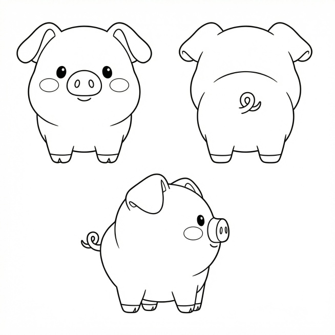 根据图片，生成小猪的三视图线稿预览效果